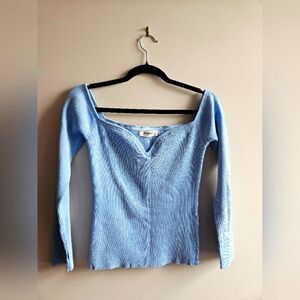 4th + Reckless - Light Blue Ribbed Long Sleeve Off Shoulder Top - Size Large